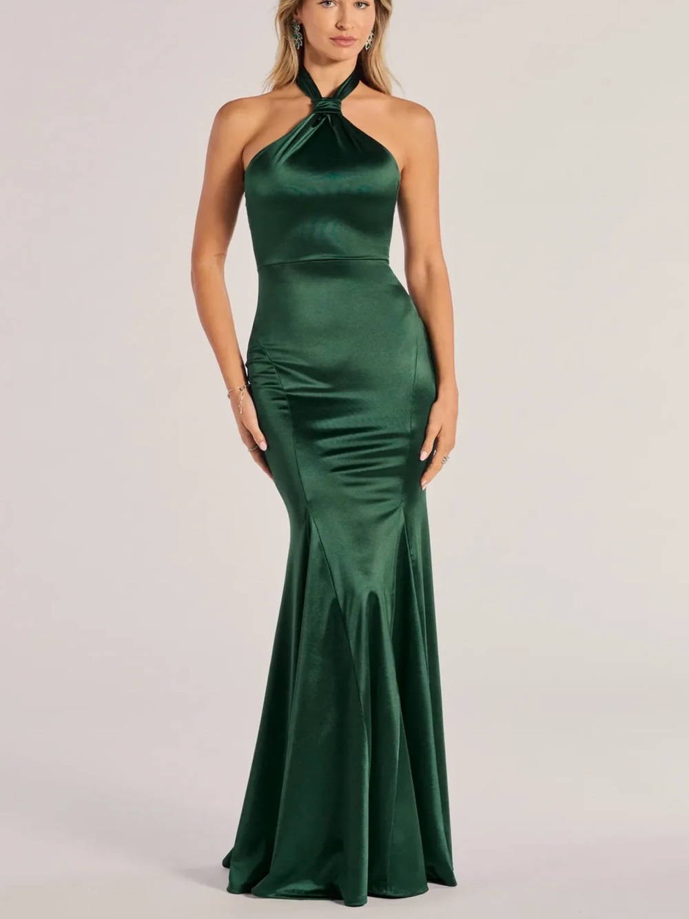 Windsor Hallie Satin Halter Mermaid Gown in Emerald Green, Size S